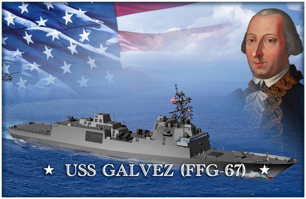 Imagen digital de la futura fragata USS “Galvez”, con la imagen de Bernardo Gálvez a la derecha. (foto US Embassy Madrid) Imagen digital de la futura fragata USS “Galvez”, con la imagen de Bernardo Gálvez a la derecha. (foto US Embassy Madrid)