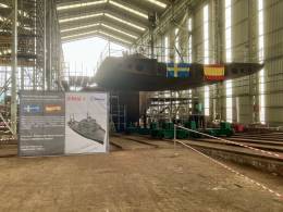 Puesta de la quilla del primer nav�o multimisi�n de la en los astilleros Arm�n de Vigo. (Foto: FMV)