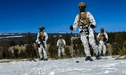 Cuatro infantes de Marina avanzan en las monta�as con sus nuevos trajes de enmascaramiento. (foto EMAD)